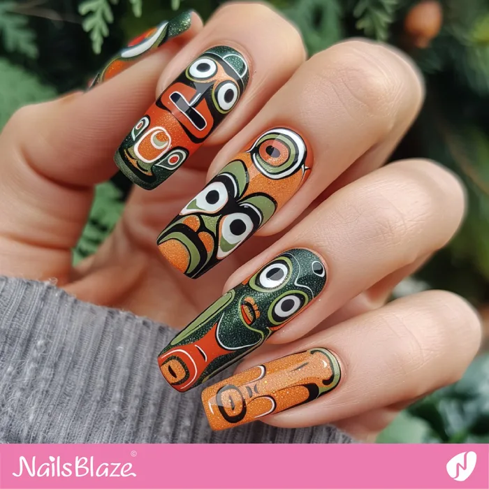 Long Haida Gwaii Nails with Totem Pole Design | Tribal Nails - NB4199